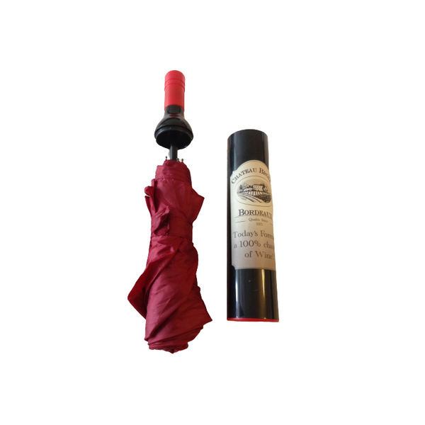 Potel win newydd-deb yn cuddio ambarél. - Novelty Wine bottle hiding an umbrella.