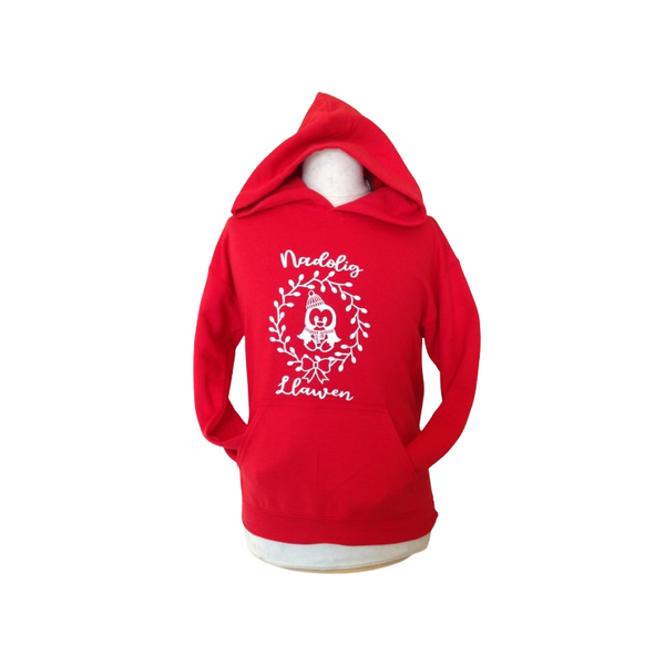 Hoodie Coch gyda graffeg Nadoligaidd - Hoodie Red with Christmas graphic