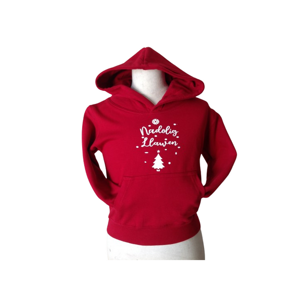 Hoodie Coch gyda graffeg Nadoligaidd - Hoodie Red with Christmas graphic