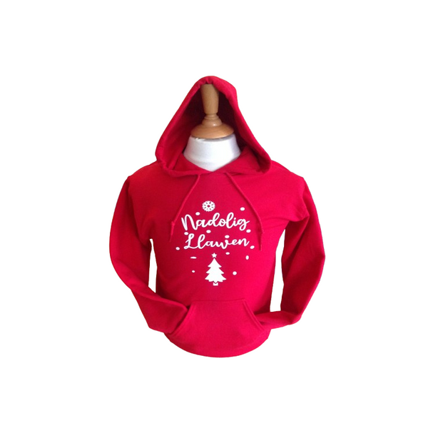 Hoodie Coch gyda graffeg Nadoligaidd - Hoodie Red with Christmas graphic