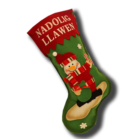 Snowman on a Christmas stocking Welsh greeting Nadolig Llawen