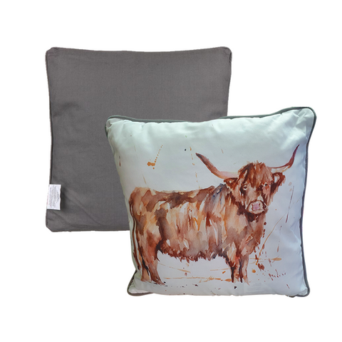 Cushion with water coloured highland cow image
